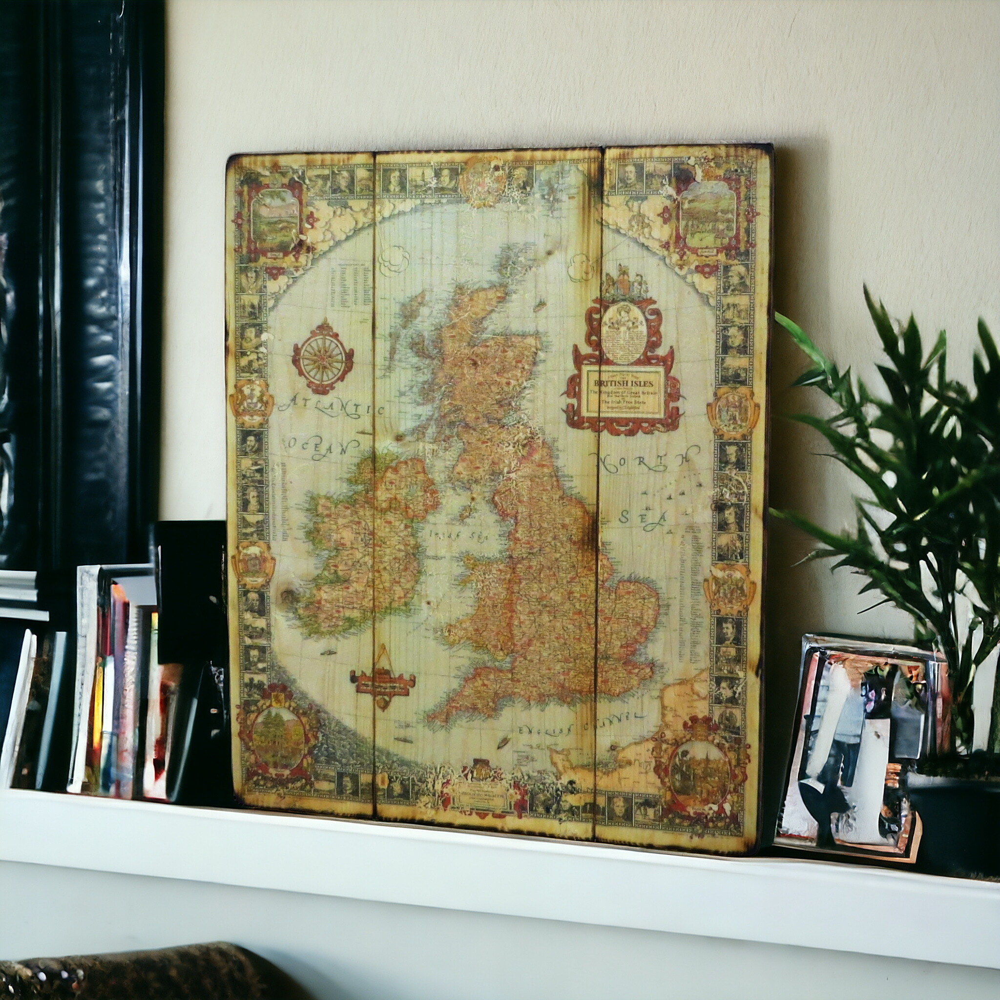 Map of Great Britain on wood with burnt edges