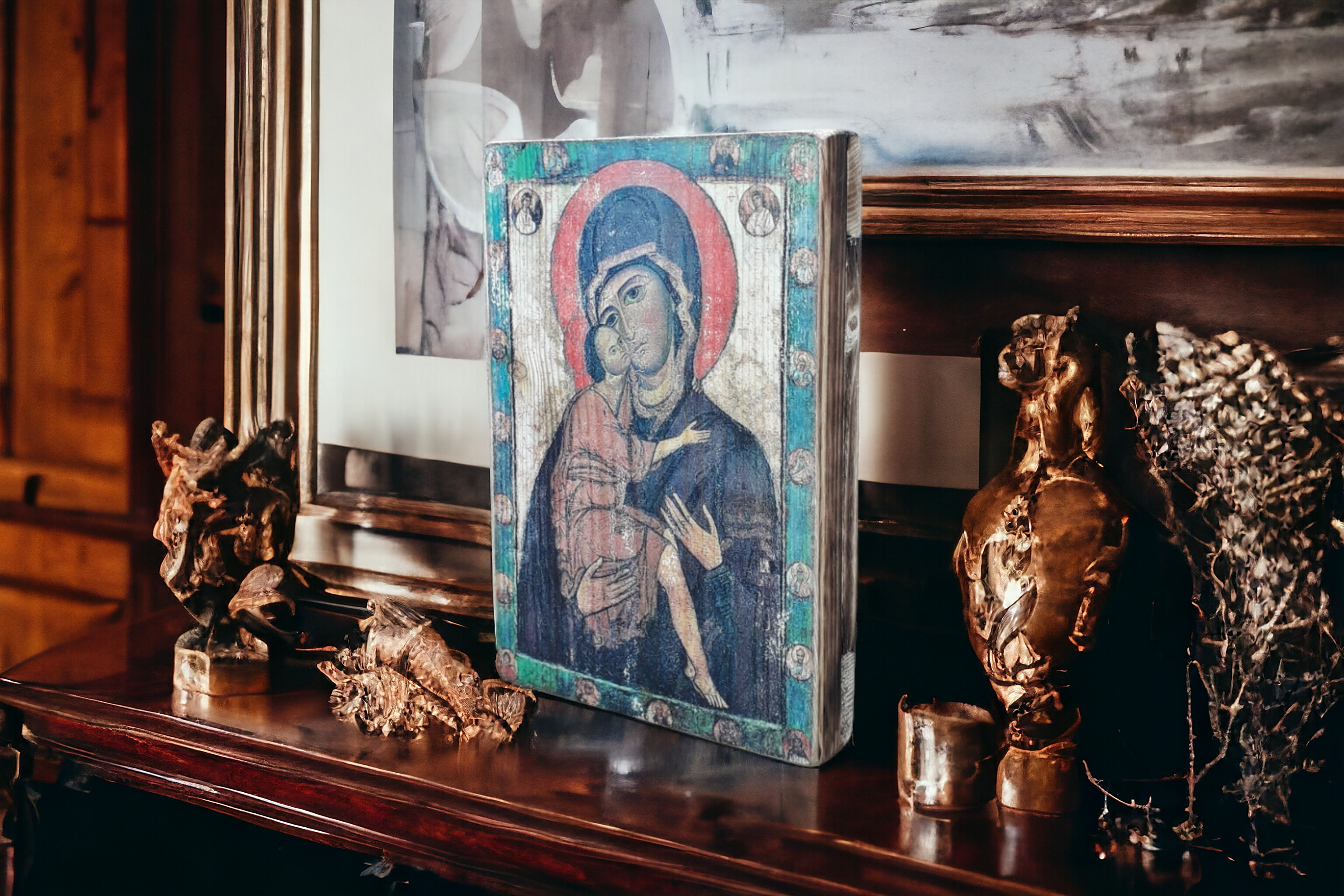 Virgin Mary Icon 5 Russian Religious Symbol, Antique Russian wood board