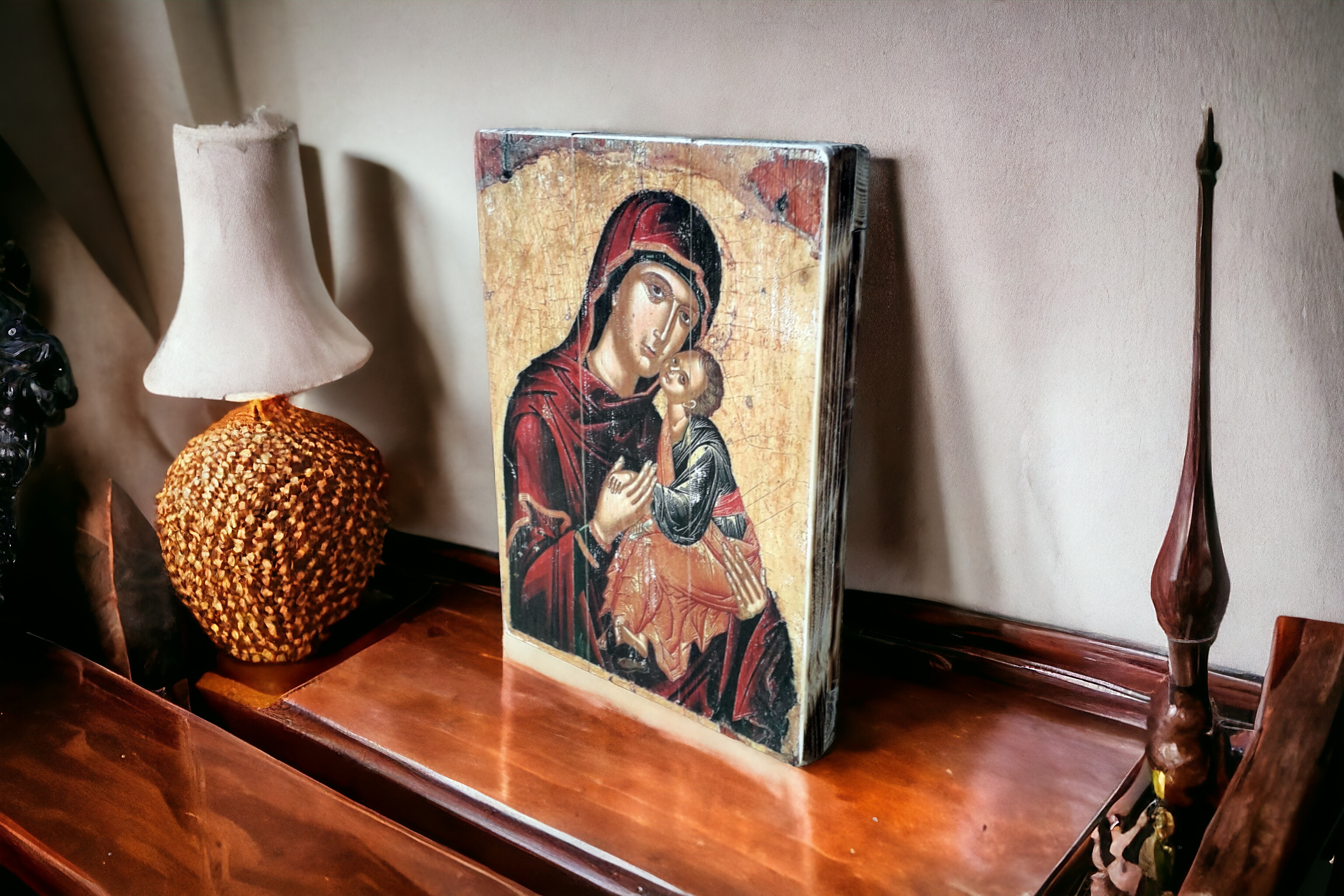 Virgin Mary Icon 3 Russian Religious Symbol, Antique Russian wood board