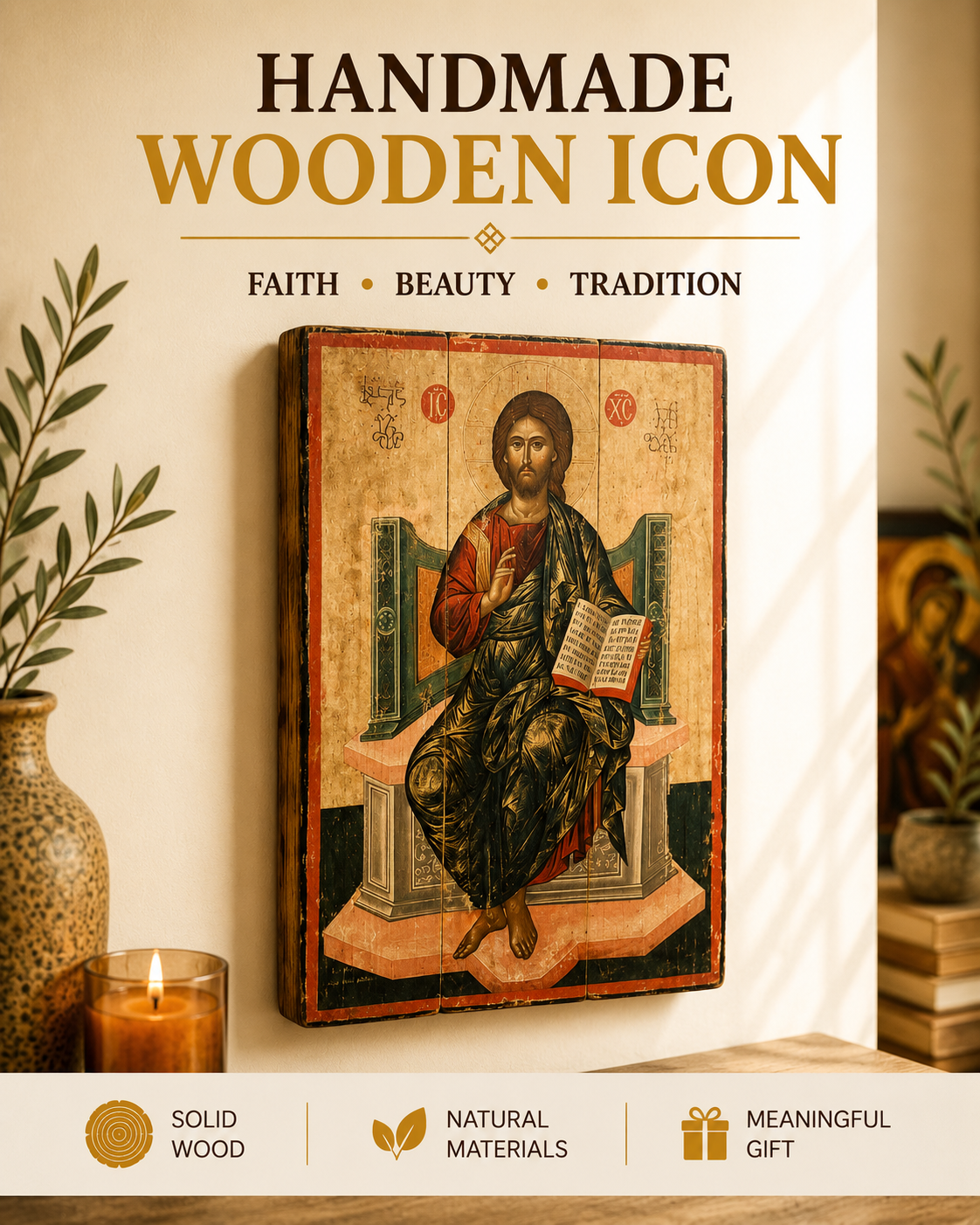 Jesus Christ icon 4, Wood Greek Orthodox, Wood plaque, Religious icon,