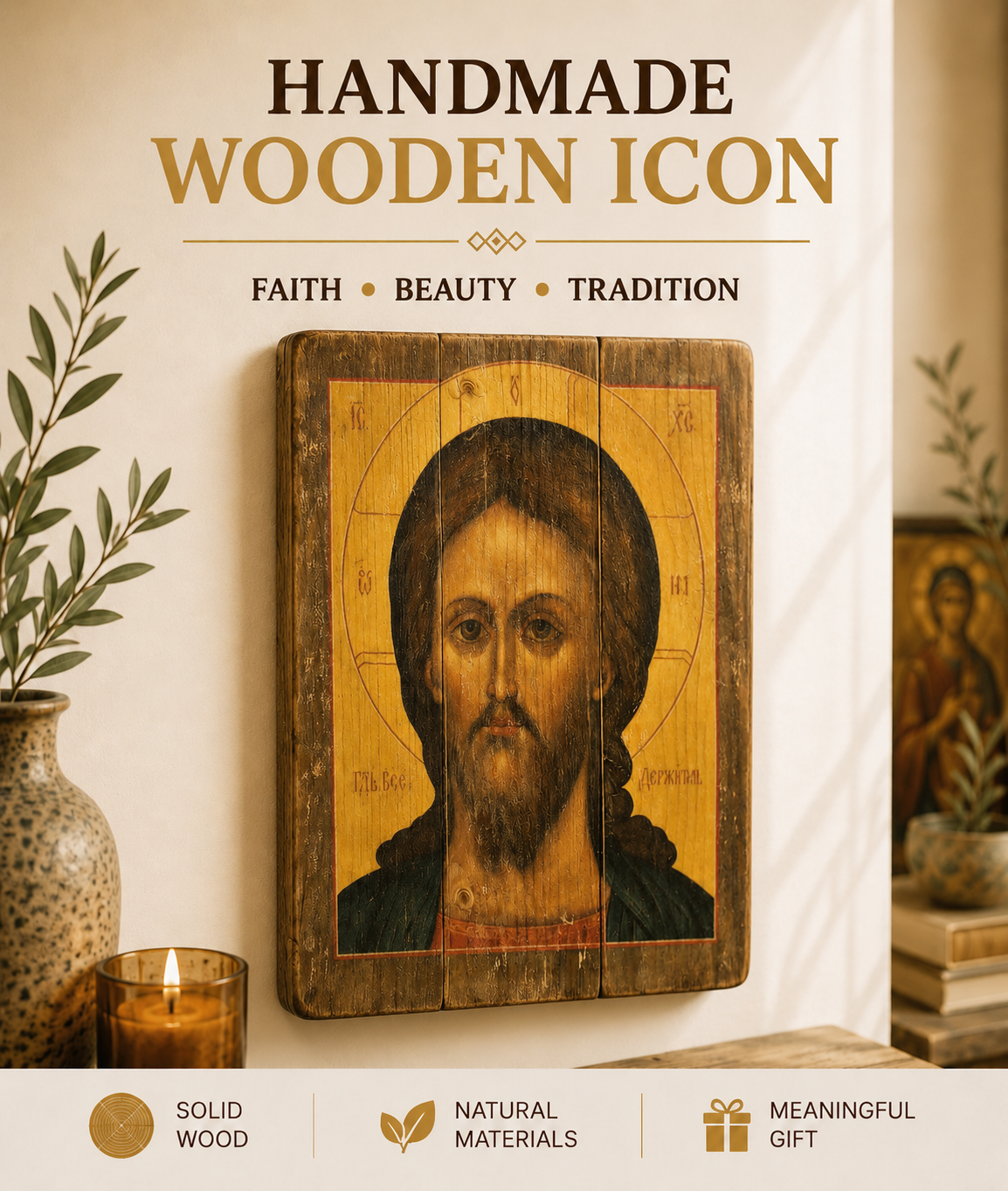 Jesus Christ icon 1, Wood Greek Orthodox, Wood plaque, Religious icon