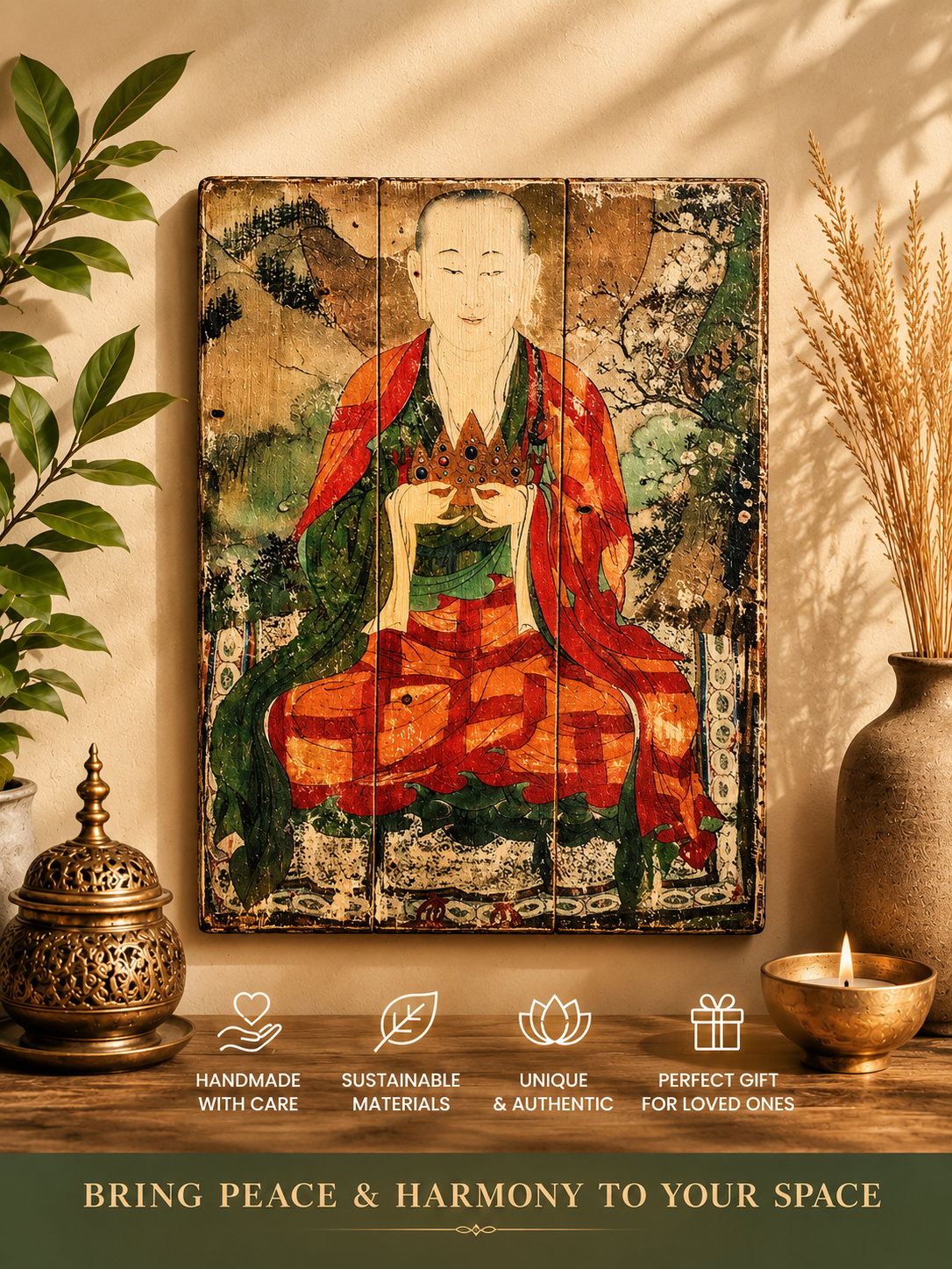 Buddha wall art, Rustic wood decor with burnt edges