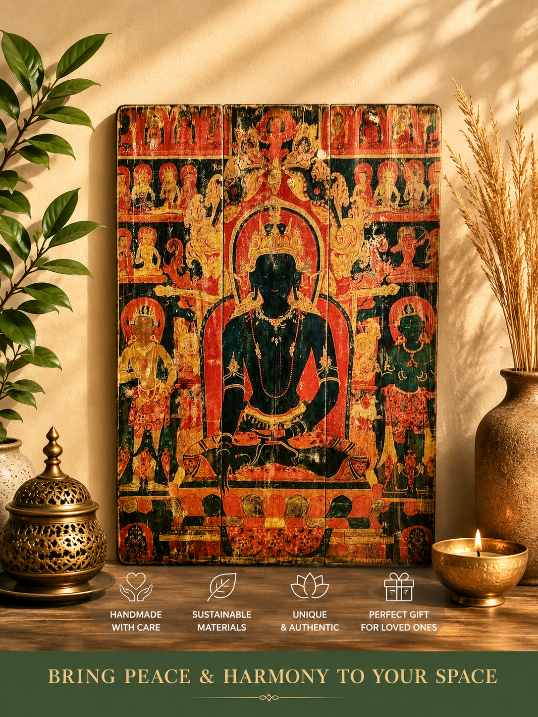 Buddha wall art, Rustic wood decor with burnt edges