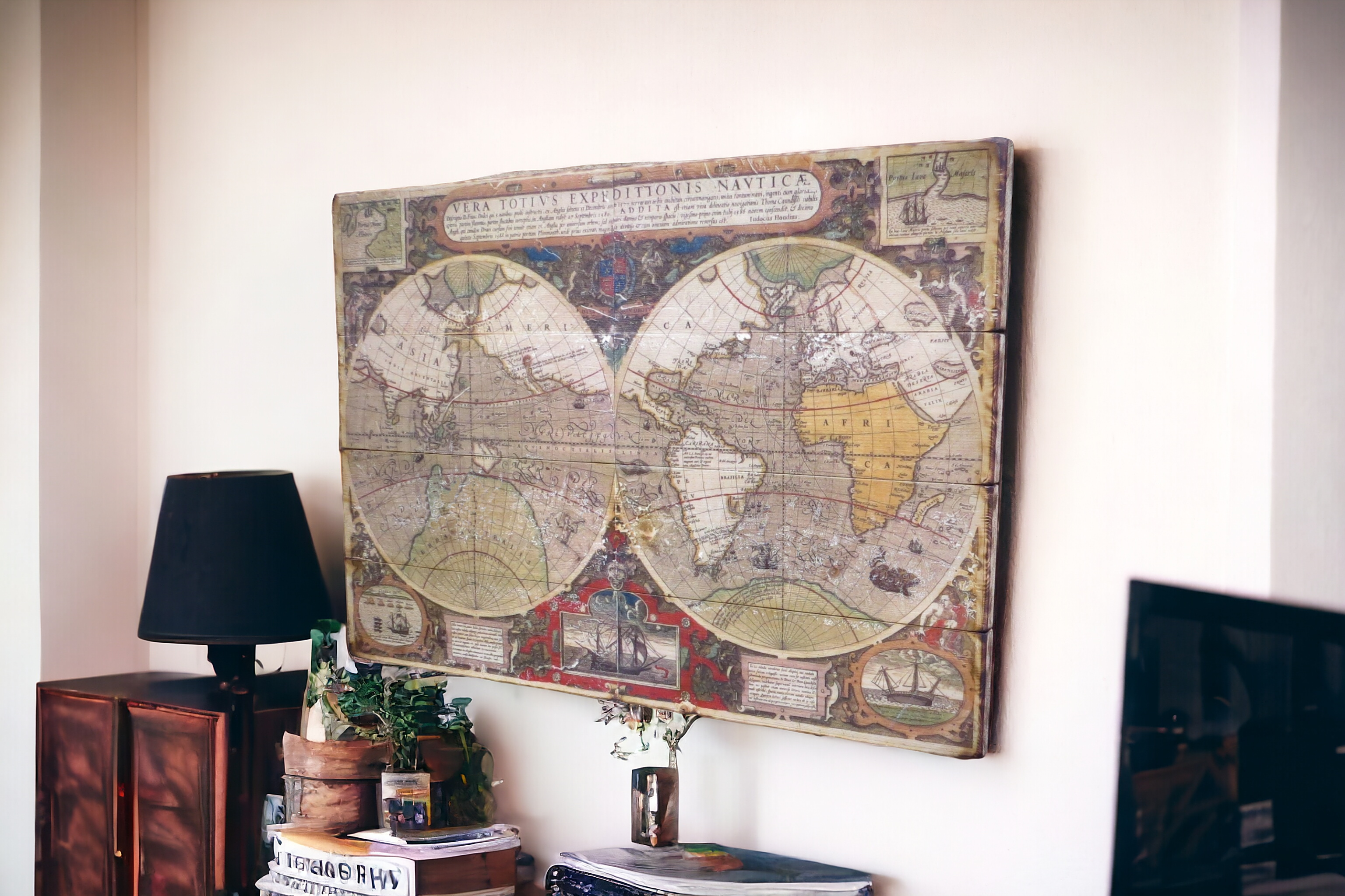 Rustic world map on the wood with burnt edges