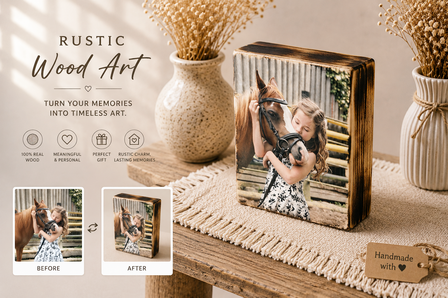 Wood photo block with burnt edges